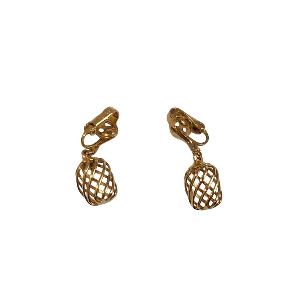 Vintage Crown Trifari Gold Tone Open Work Cage Drop Clip On Earrings